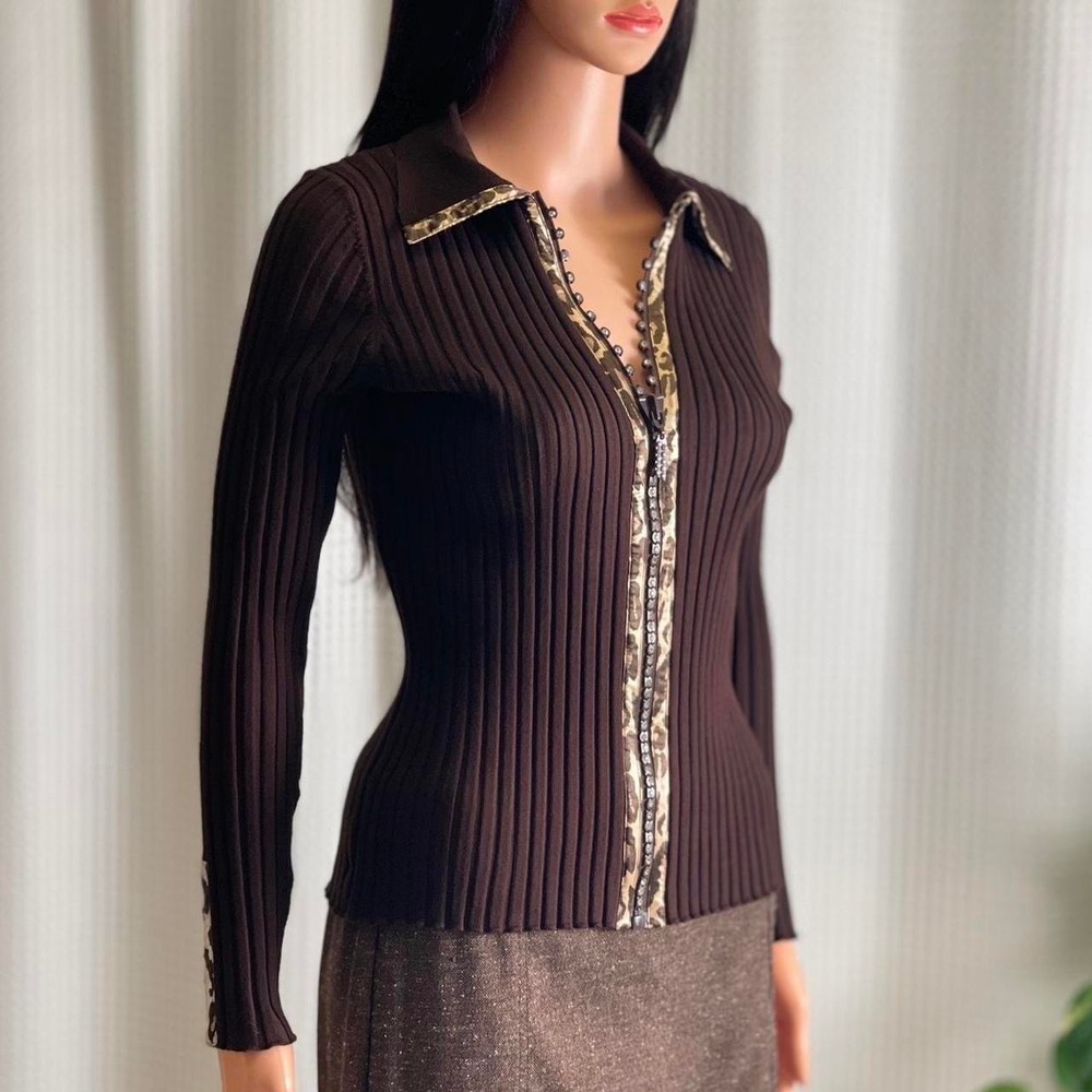 Vintage Y2K Belldini Ribbed Rhinestone Zip Front Sweater Leopard Trim Brown Sz S